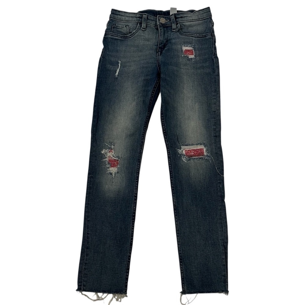 H&M Kids Blue Distressed Jeans with Pink Sequin Patches. - Picture 1 of 4